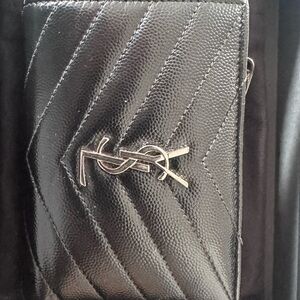 AUTHENTIC Yves Saint Laurent Black Quilted Leather Card Wallet Silver YSL Emblem